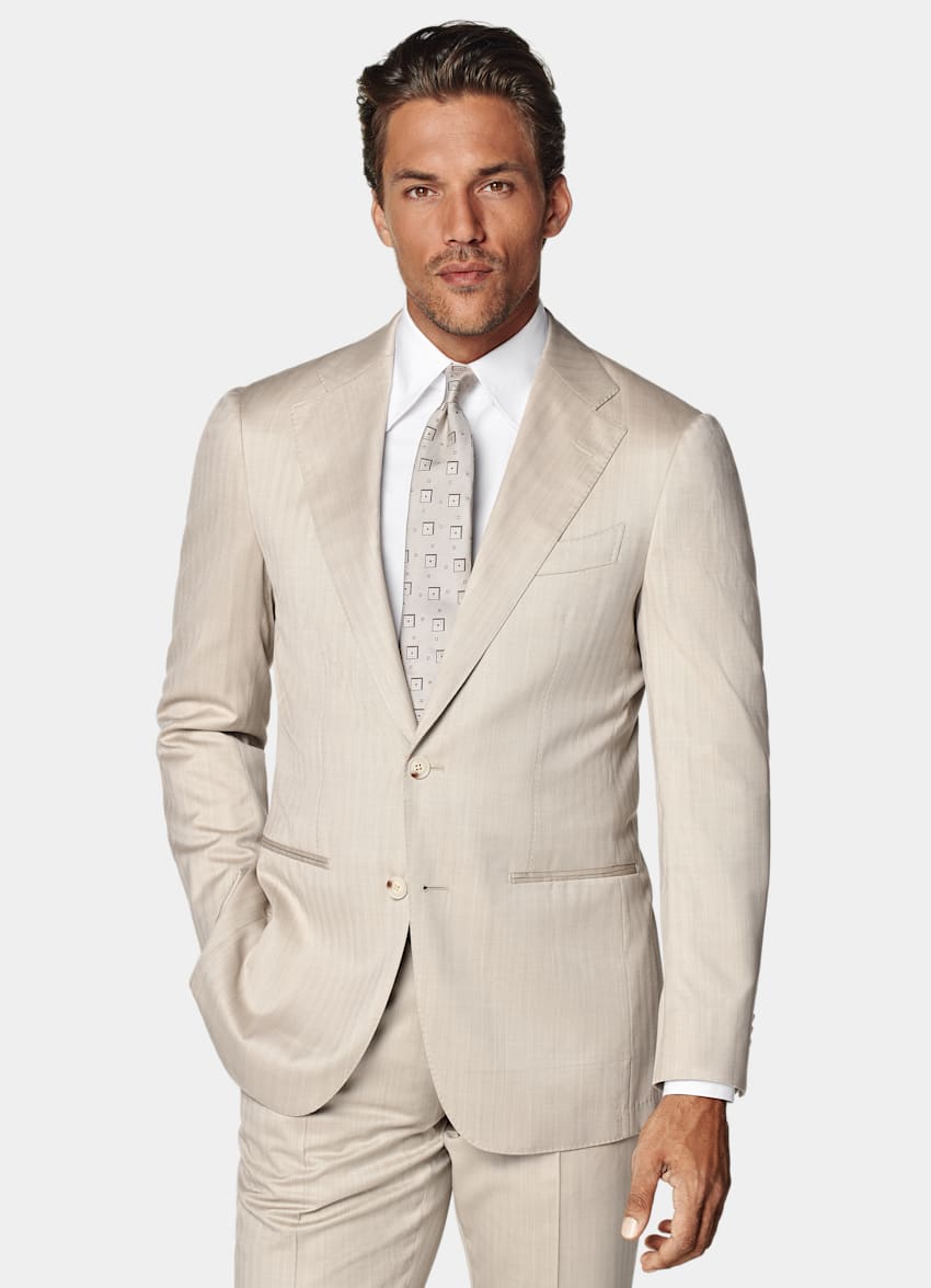 SUITSUPPLY All Season Wool Silk by Delfino, Italy Sand Herringbone Tailored Fit Havana Suit