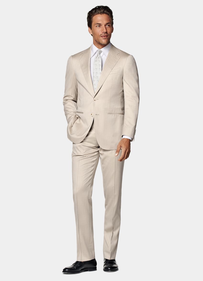 SUITSUPPLY All Season Wool Silk by Delfino, Italy Sand Herringbone Tailored Fit Havana Suit