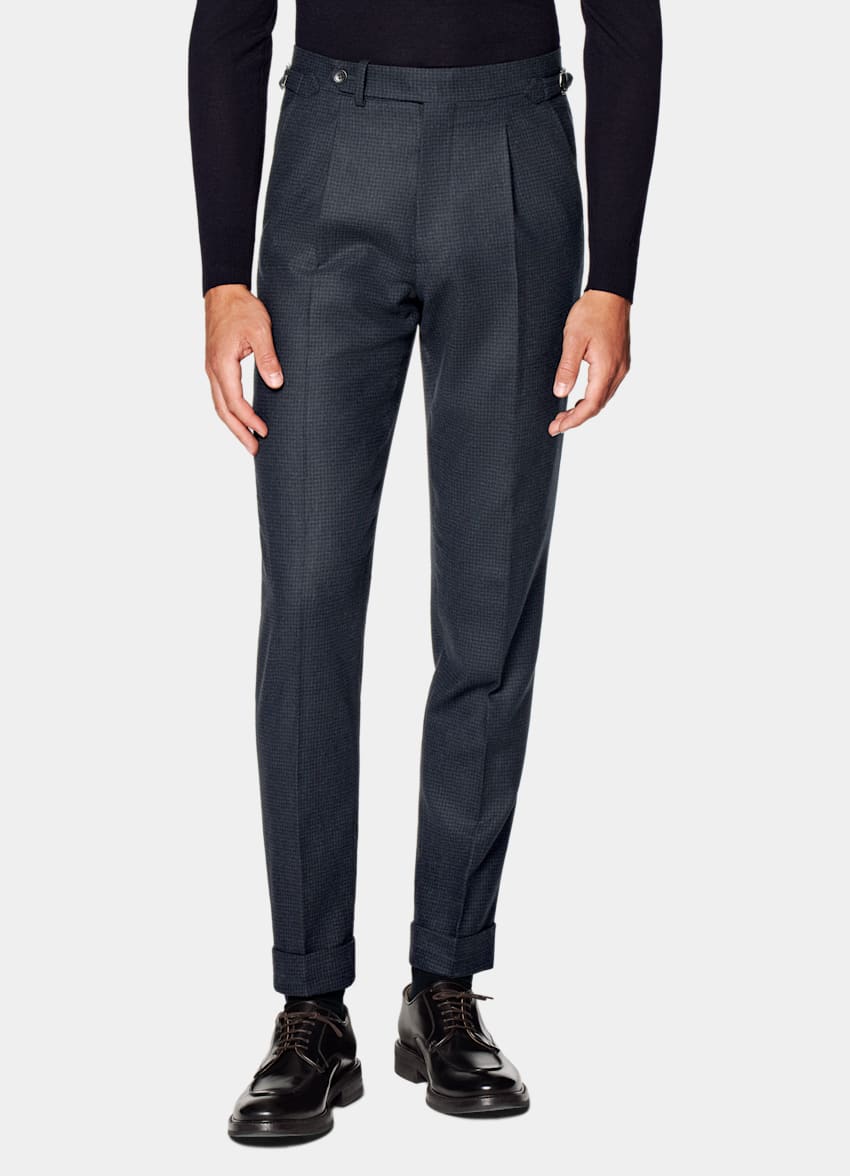 SUITSUPPLY Wool Cashmere by E.Thomas, Italy Navy Houndstooth Three-Piece Tailored Fit Havana Suit