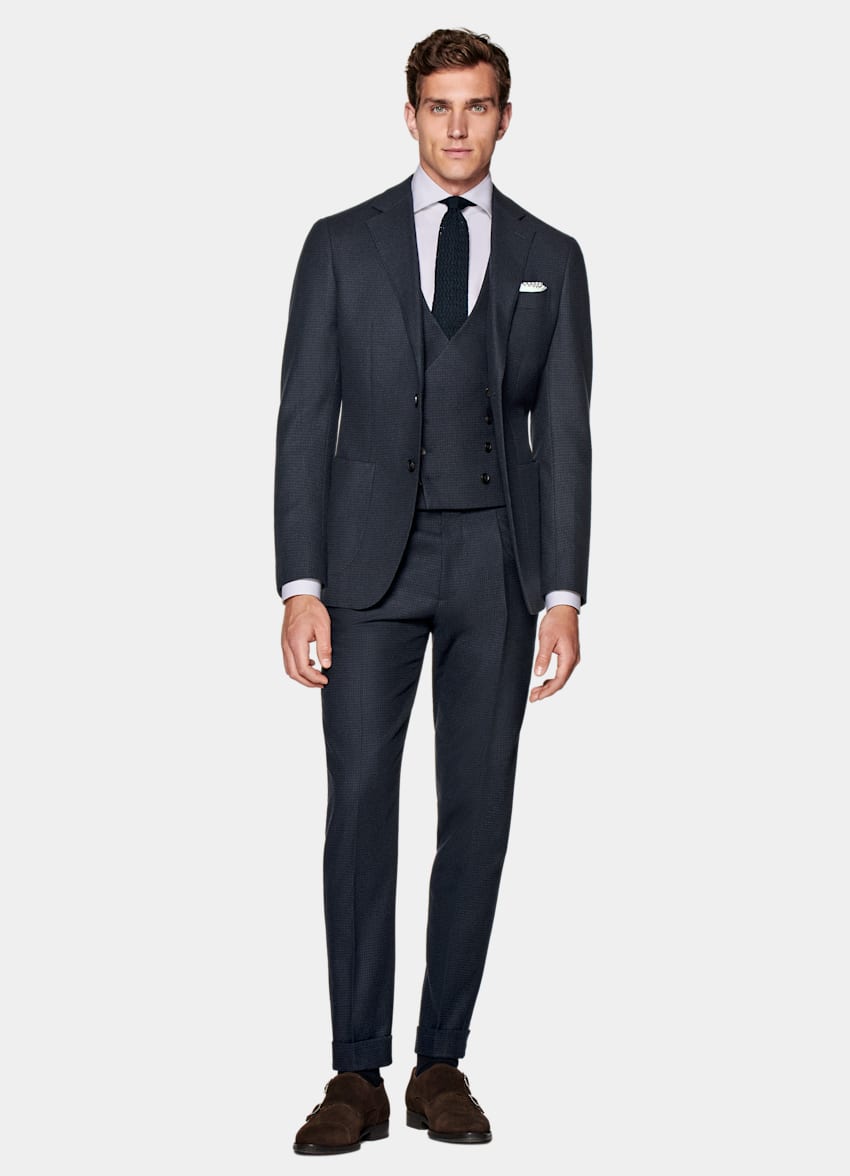 SUITSUPPLY Wool Cashmere by E.Thomas, Italy Navy Houndstooth Three-Piece Havana Suit