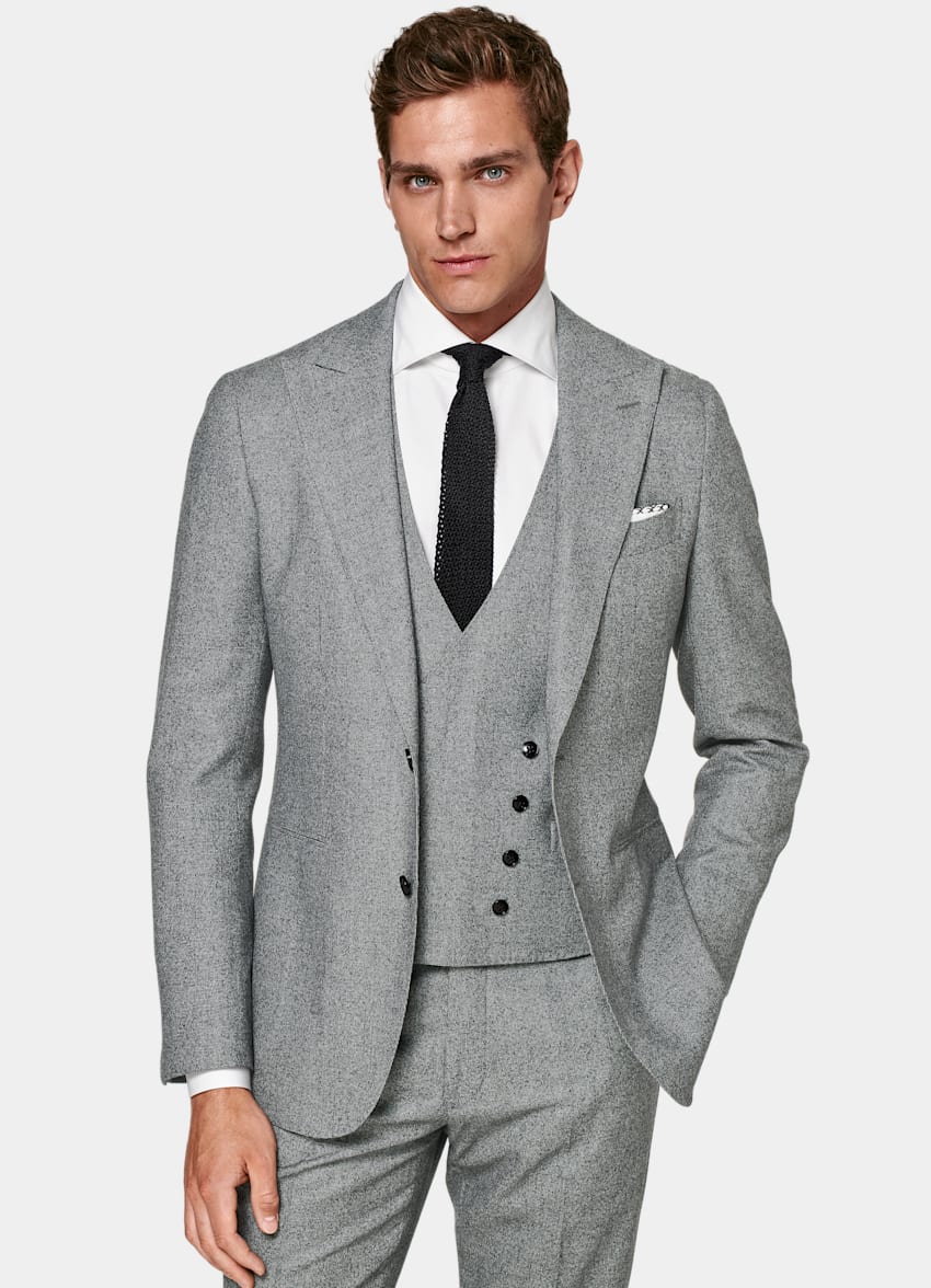 SUITSUPPLY Pure S120's Wool by Vitale Barberis Canonico, Italy Mid Grey Houndstooth Three-Piece Havana Suit