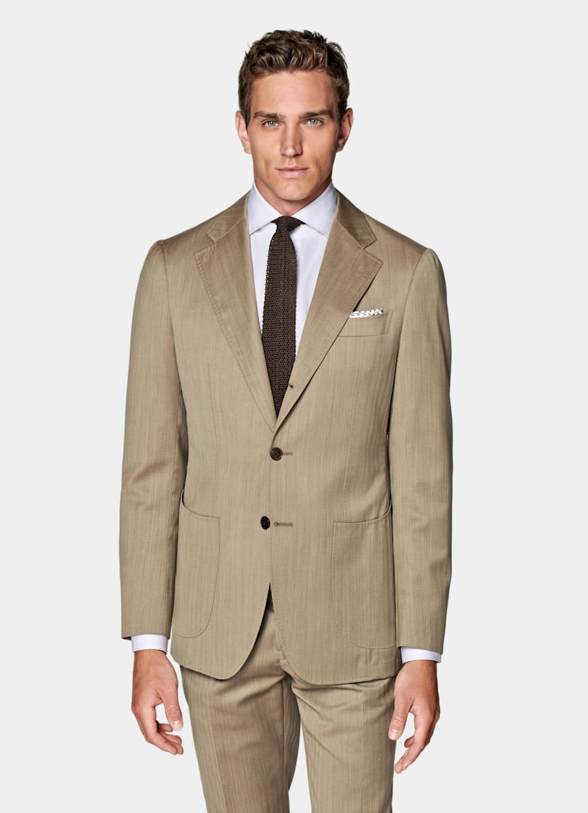 Mid Brown Herringbone Havana Suit in Pure S130's Wool Solaro ...