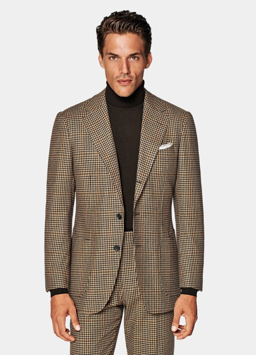 SUITSUPPLY Wool Cashmere by E.Thomas, Italy Mid Brown Houndstooth Havana Suit