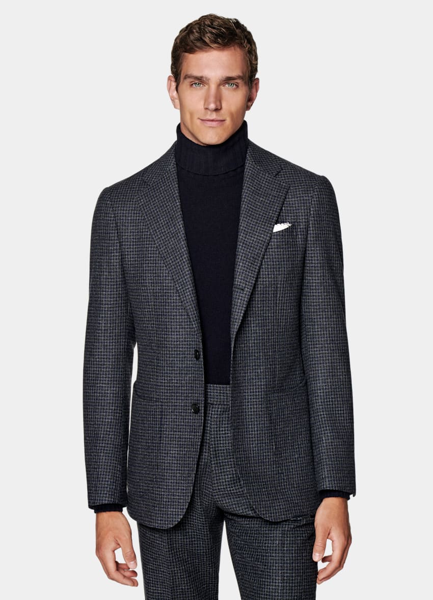 SUITSUPPLY Wool Cashmere by E.Thomas, Italy Dark Grey Checked Havana Suit