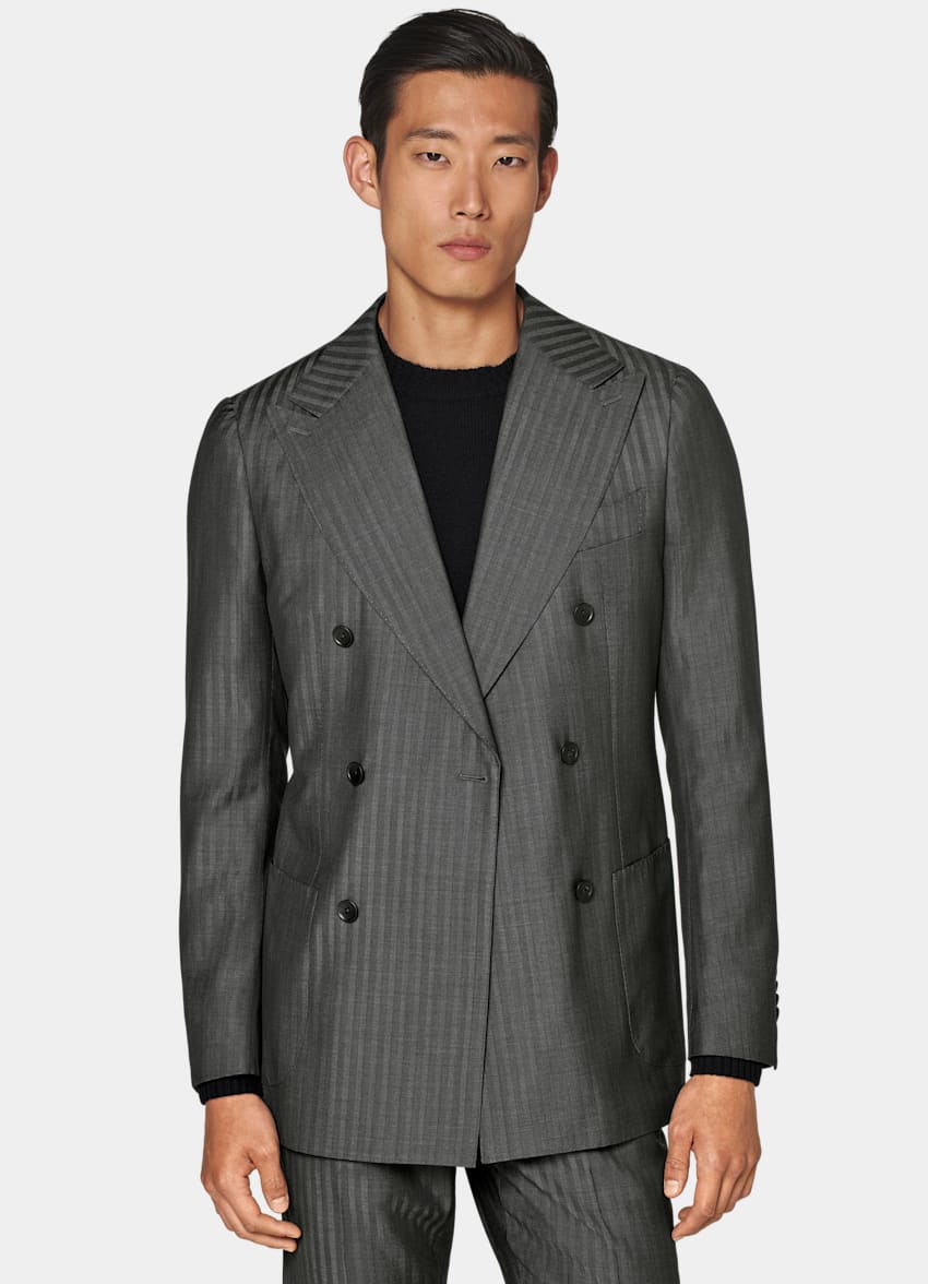 Dark Grey Herringbone Perennial Havana Suit in Wool Silk Solaro ...