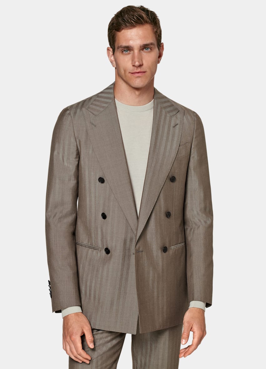 SUITSUPPLY All Season Wool Silk by Rogna, Italy Taupe Herringbone Perennial Tailored Fit Havana Suit