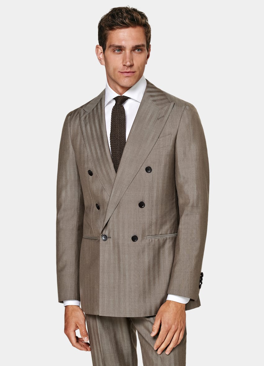 SUITSUPPLY All Season Wool Silk by Rogna, Italy Taupe Herringbone Perennial Tailored Fit Havana Suit