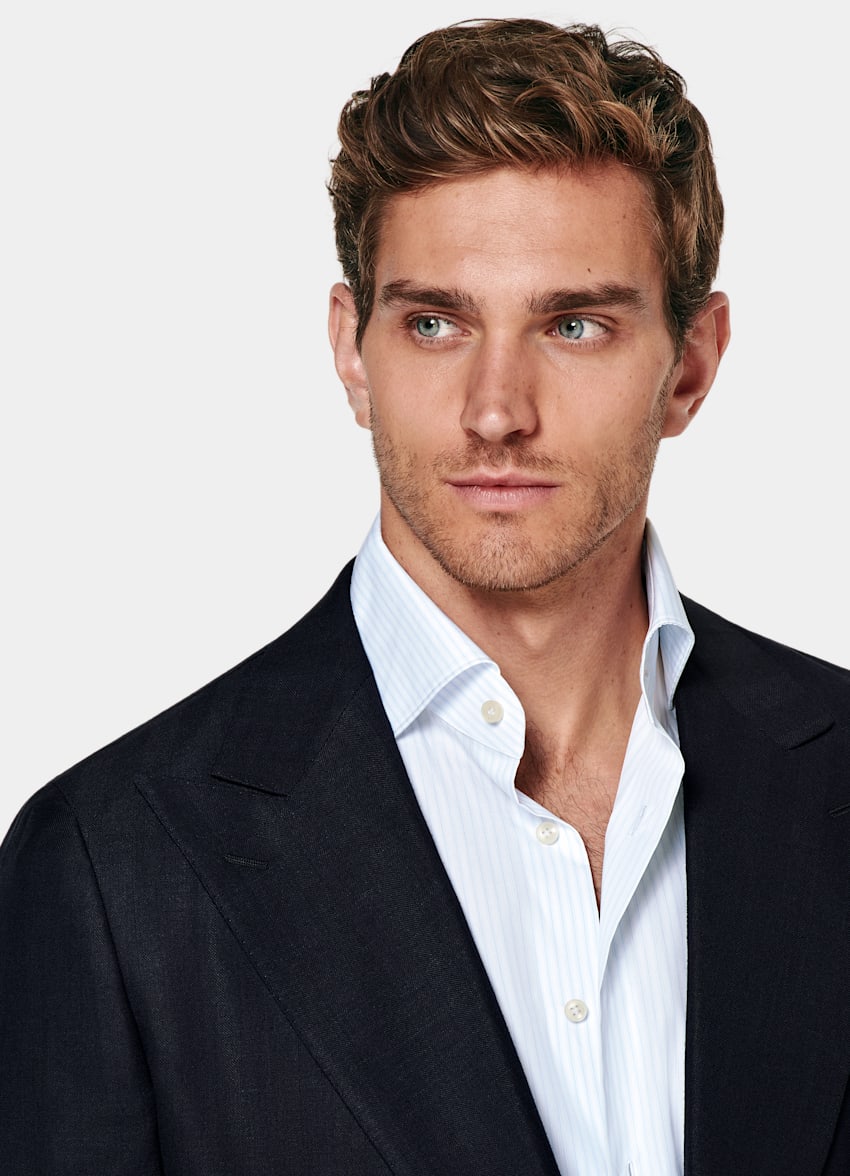 SUITSUPPLY Zomer Wol-zijde-linnenmix van Rogna, Itali&euml; Navy Herringbone Havana Tailored Fit Pak