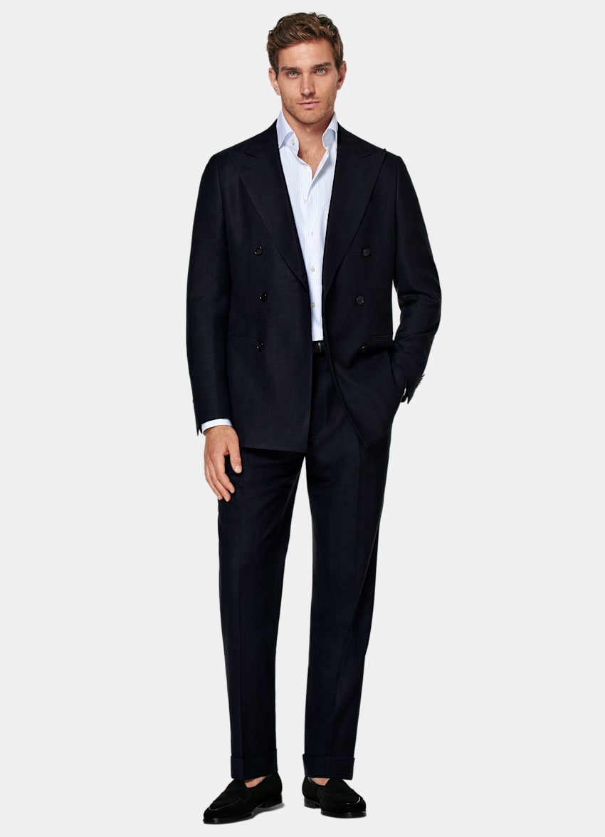 SUITSUPPLY Zomer Wol-zijde-linnenmix van Rogna, Itali&euml; Navy Herringbone Havana Tailored Fit Pak