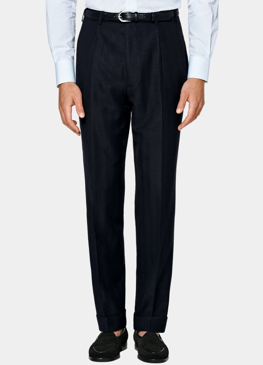 SUITSUPPLY Zomer Wol-zijde-linnenmix van Rogna, Itali&euml; Navy Herringbone Havana Tailored Fit Pak
