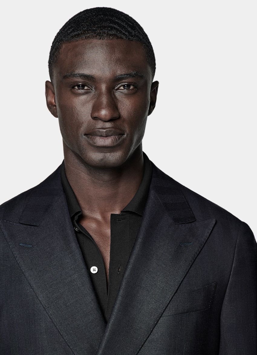 SUITSUPPLY Summer Wool Silk Linen by Rogna, Italy Navy Herringbone Tailored Fit Havana Suit