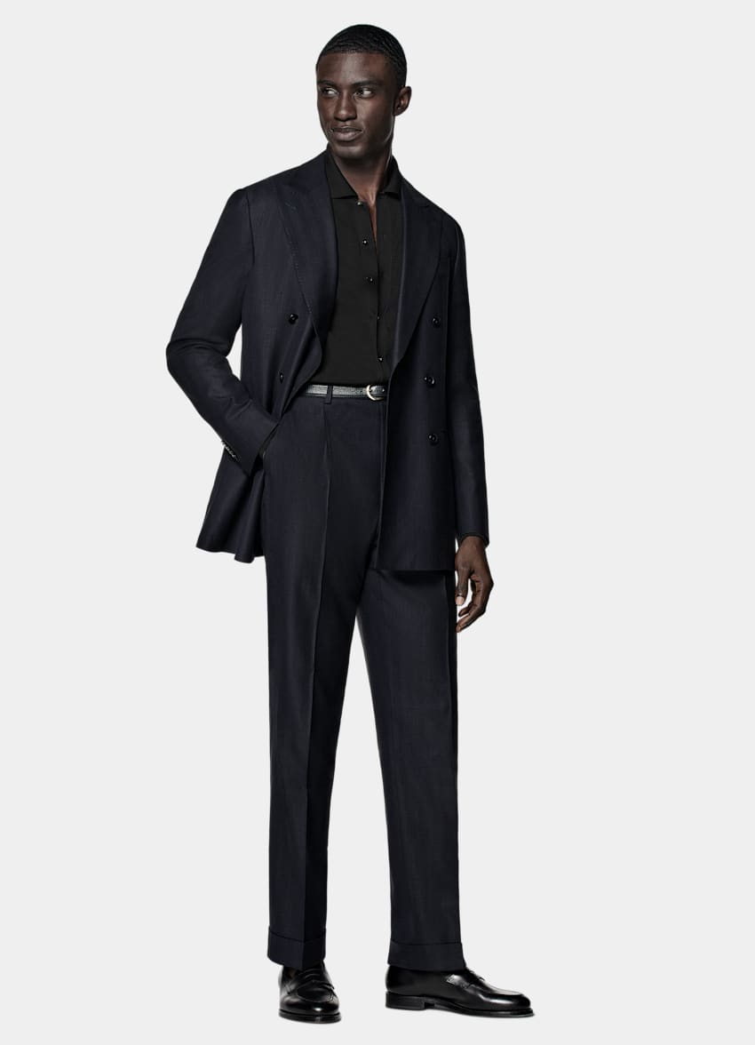 SUITSUPPLY Summer Wool Silk Linen by Rogna, Italy Navy Herringbone Tailored Fit Havana Suit