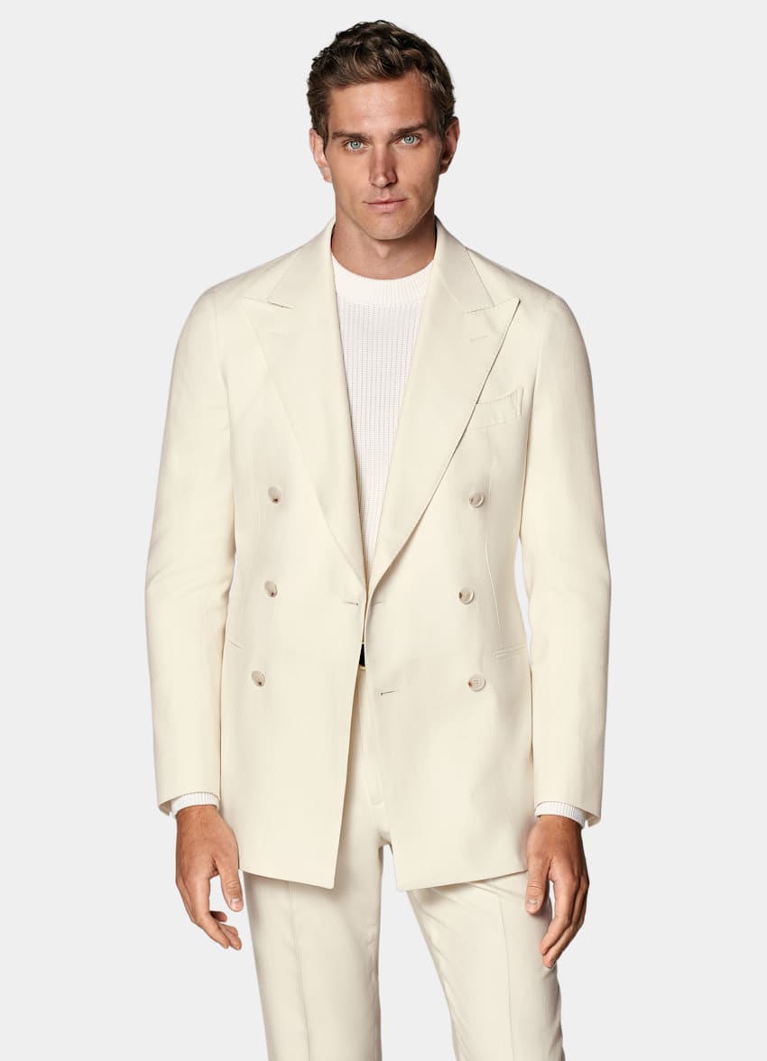 SUITSUPPLY Winter Pure Wool by Rogna, Italy Off-White Herringbone Tailored Fit Havana Suit