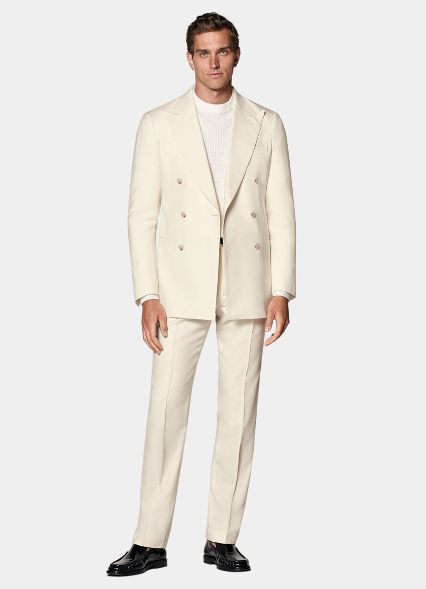 SUITSUPPLY Winter Pure Wool by Rogna, Italy Off-White Herringbone Tailored Fit Havana Suit