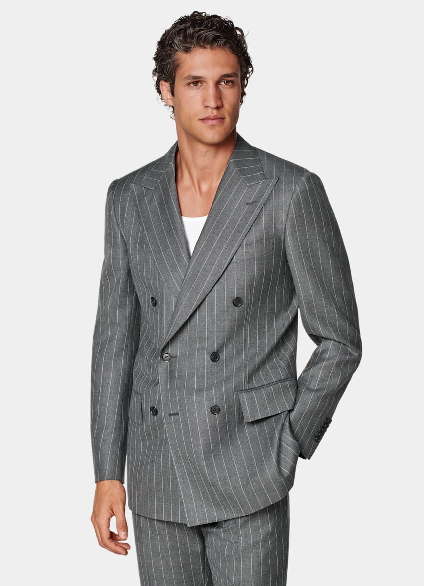 SUITSUPPLY All Season Pure Wool by Vitale Barberis Canonico, Italy Mid Grey Striped Tailored Fit Milano Suit