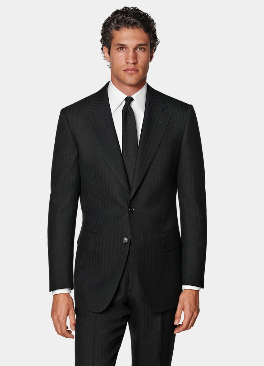 SUITSUPPLY Winter Pure Wool by Dugdale, United Kingdom Black Herringbone Tailored Fit Milano Suit