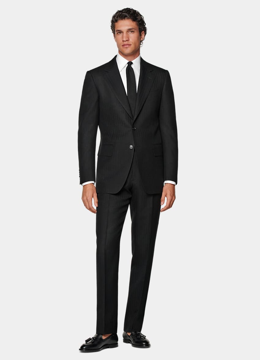 SUITSUPPLY Winter Pure Wool by Dugdale, United Kingdom Black Herringbone Tailored Fit Milano Suit