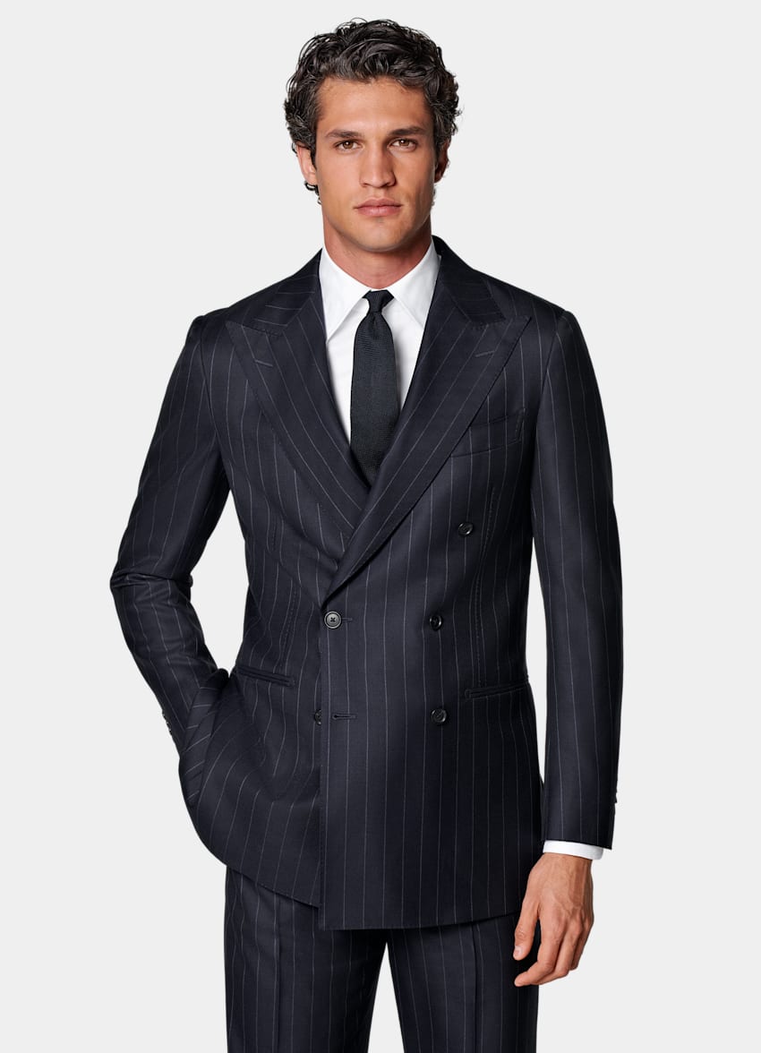 SUITSUPPLY All Season Pura lana S120s de Vitale Barberis Canonico, Italia Traje Havana azul marino a rayas corte Tailored