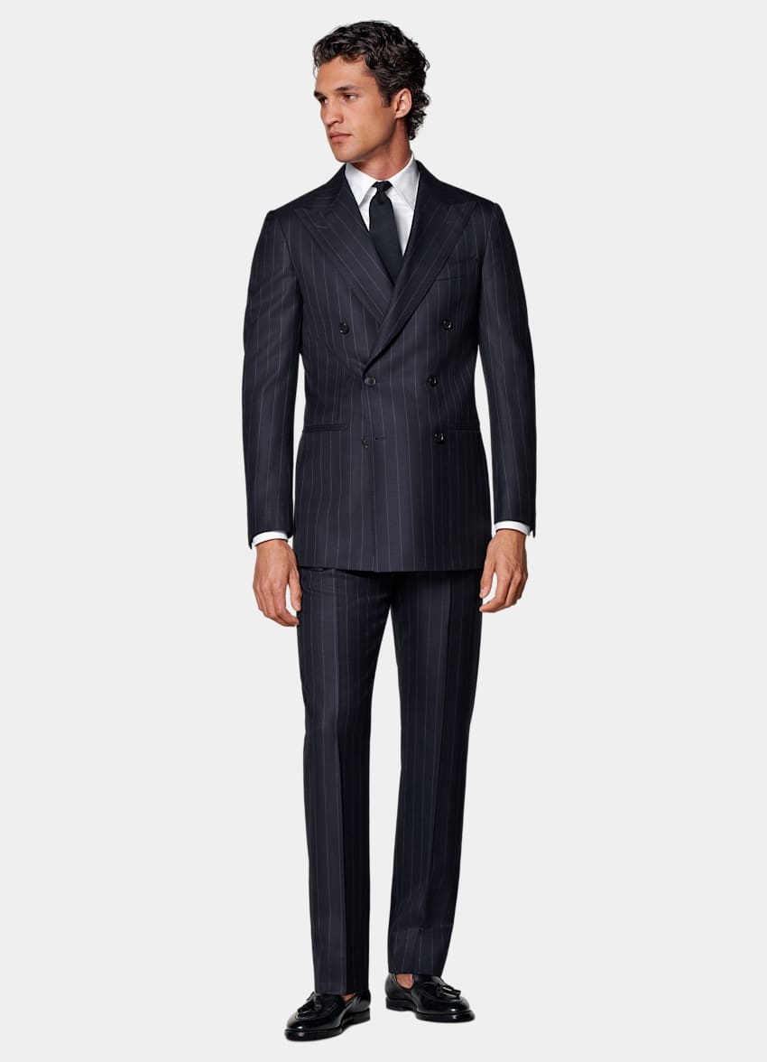 SUITSUPPLY All Season Pure S120's Wool by Vitale Barberis Canonico, Italy Navy Striped Tailored Fit Havana Suit