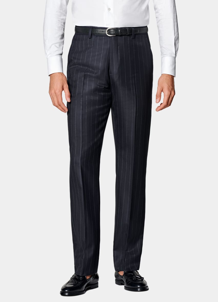 SUITSUPPLY All Season Pure S120's Wool by Vitale Barberis Canonico, Italy Navy Striped Tailored Fit Havana Suit