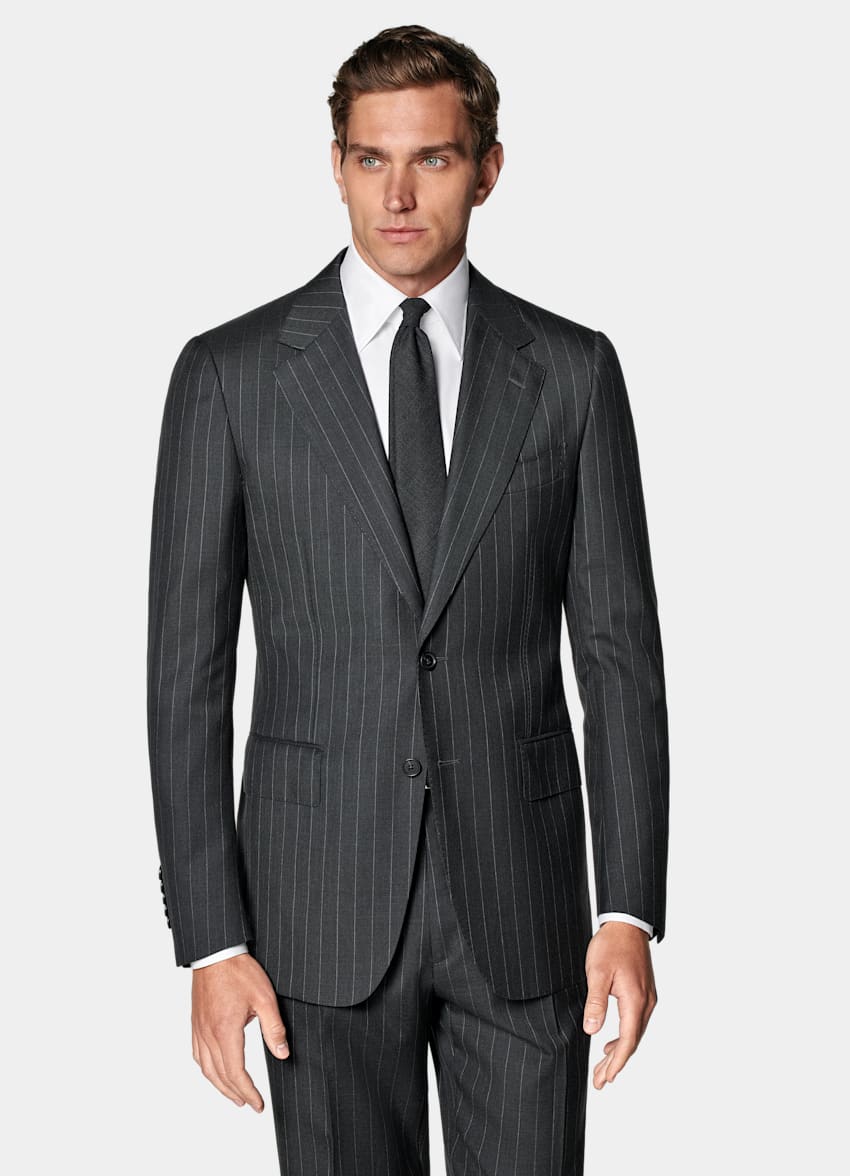 SUITSUPPLY All Season Pure S130's Wool by Delfino, Italy Dark Grey Striped Tailored Fit Milano Suit