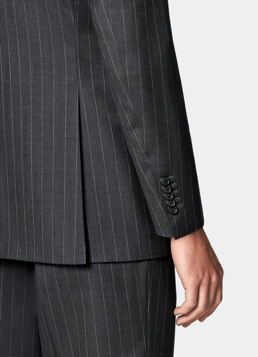 SUITSUPPLY All Season Pure S130's Wool by Delfino, Italy Dark Grey Striped Tailored Fit Milano Suit