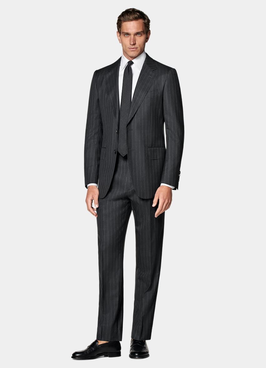 SUITSUPPLY All Season Pure S130's Wool by Delfino, Italy Dark Grey Striped Tailored Fit Milano Suit