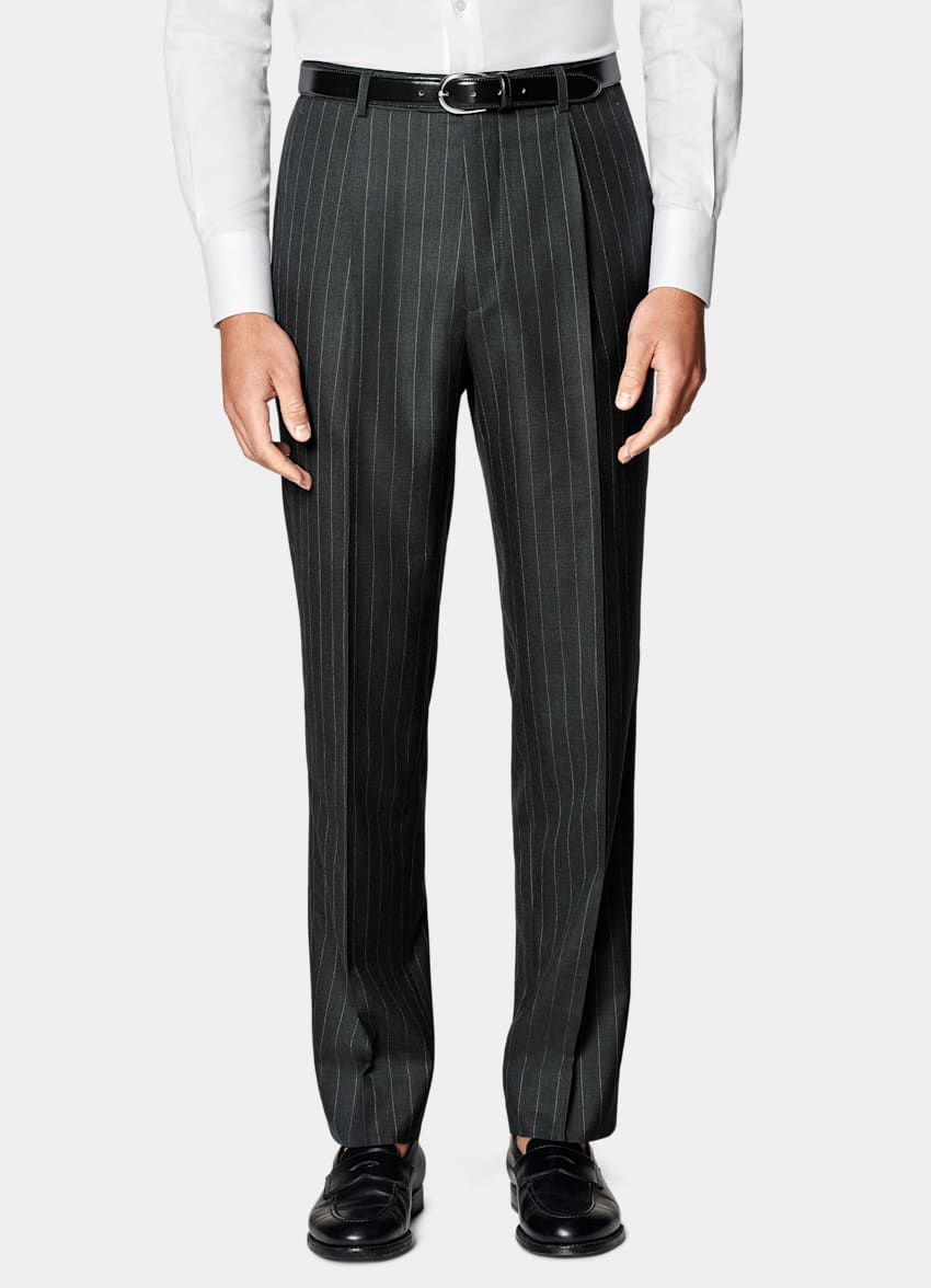 SUITSUPPLY All Season Pure S130's Wool by Delfino, Italy Dark Grey Striped Tailored Fit Milano Suit