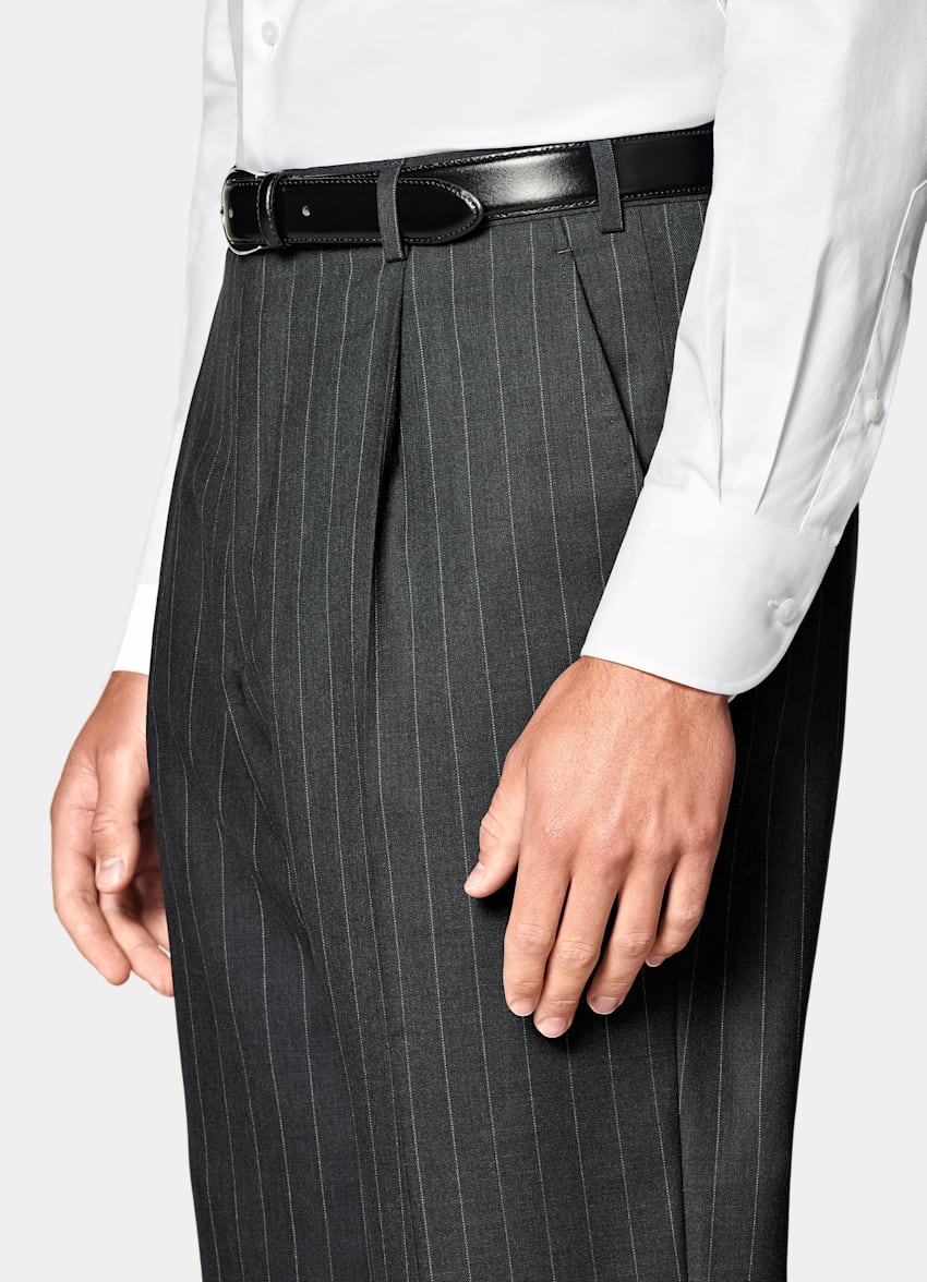 SUITSUPPLY All Season Pure S130's Wool by Delfino, Italy Dark Grey Striped Tailored Fit Milano Suit