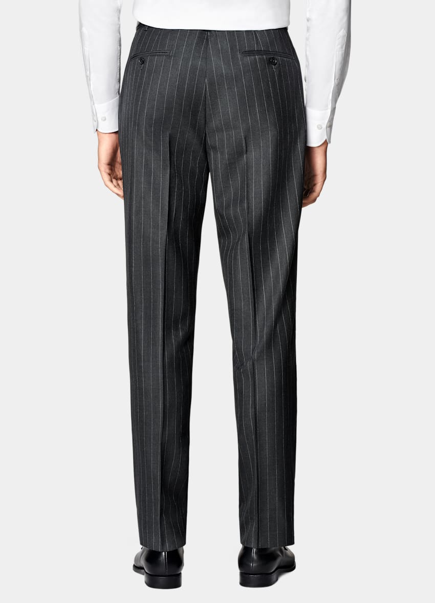 SUITSUPPLY All Season Pure S130's Wool by Delfino, Italy Dark Grey Striped Tailored Fit Milano Suit