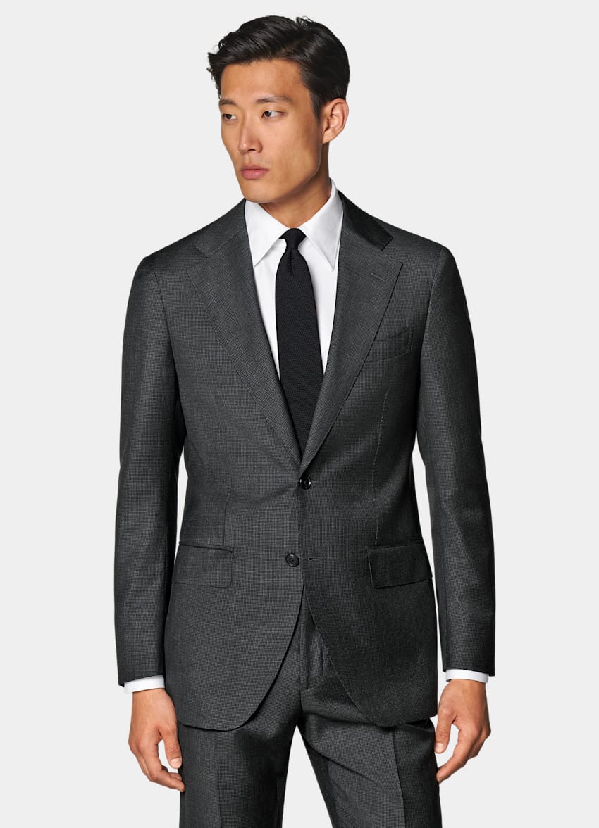 SUITSUPPLY All Season Pure S130's Wool by Drago, Italy Dark Grey Houndstooth Tailored Fit Havana Suit