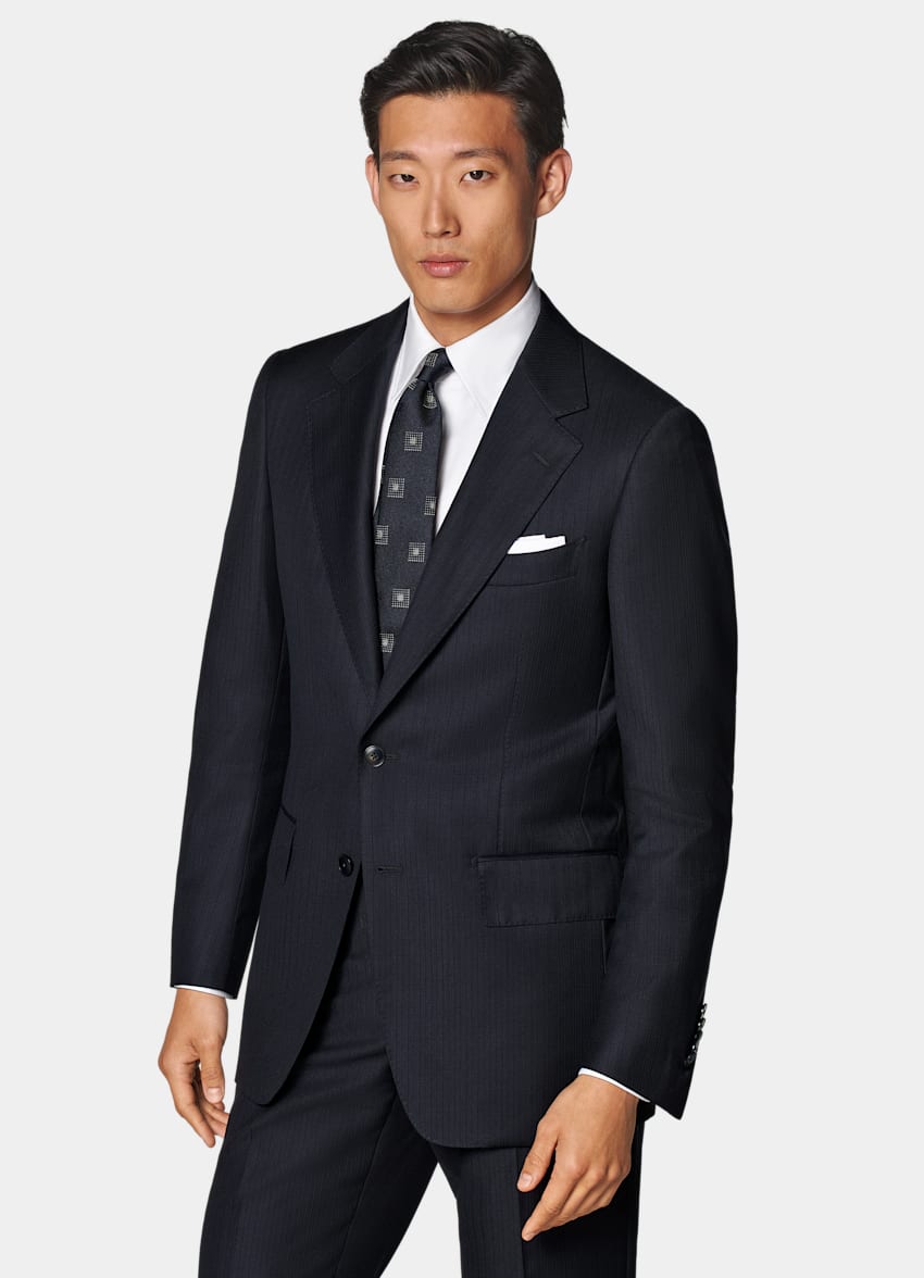 SUITSUPPLY All Season Pure S130's Wool by E.Thomas, Italy Navy Striped Tailored Fit Milano Suit