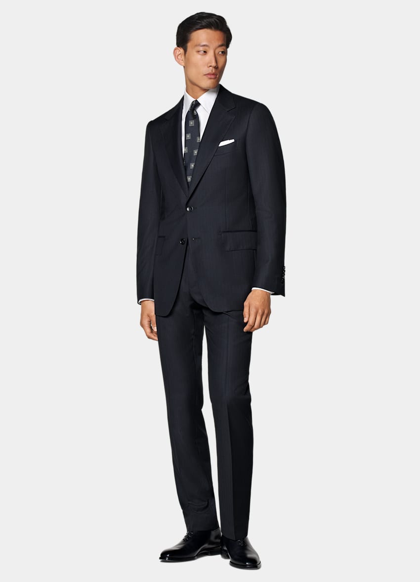 SUITSUPPLY All Season Pure S130's Wool by E.Thomas, Italy Navy Striped Tailored Fit Milano Suit