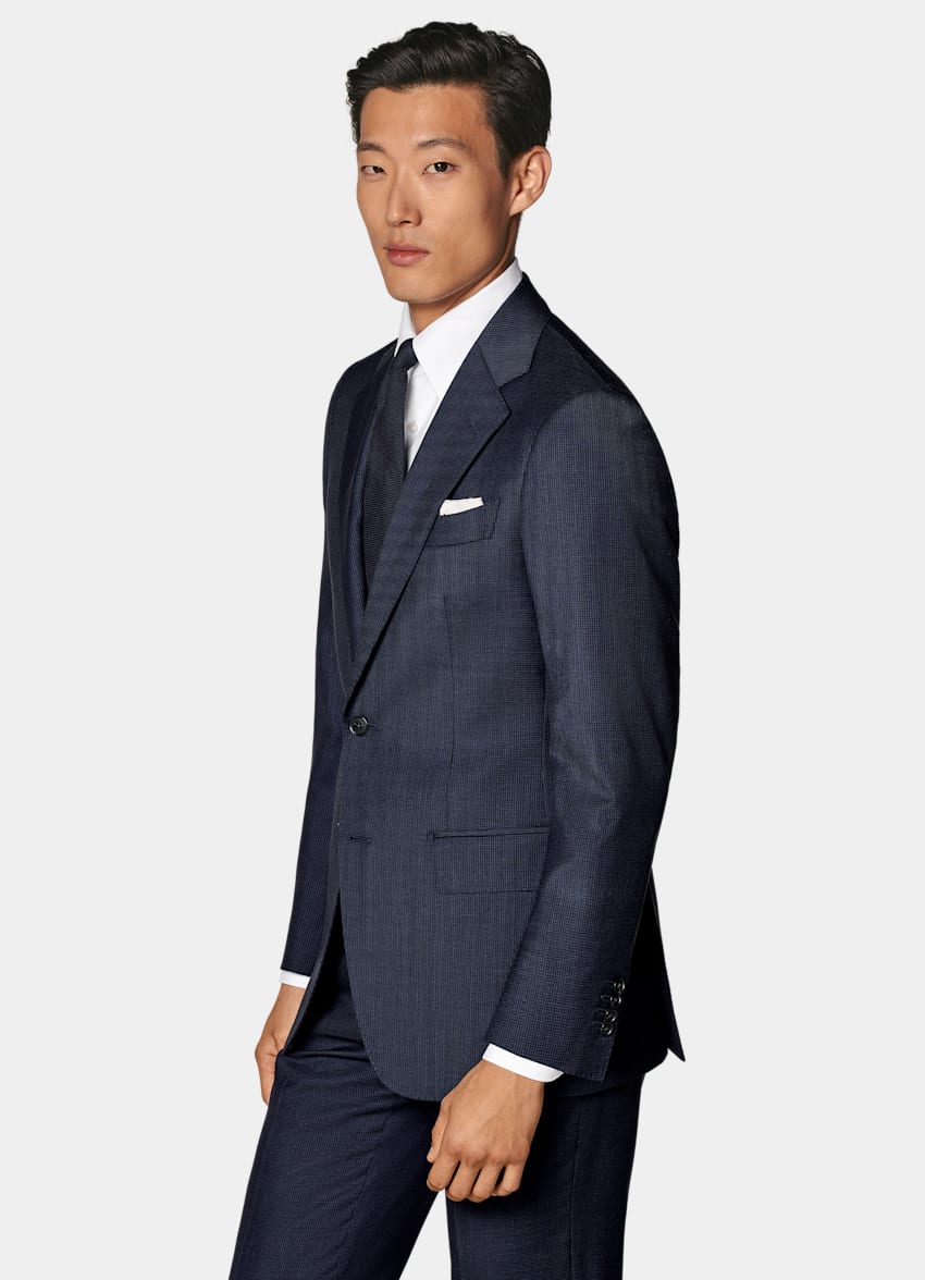 SUITSUPPLY 四季 意大利 Drago 生产的S130 支羊毛面料 Havana 藏青色犬牙格纹合体身型西装