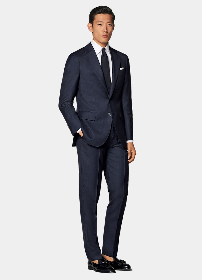 SUITSUPPLY All Season Ren S130's-ull från Drago, Italien Havana marinblå hundtandsmönstrad kostym med tailored fit