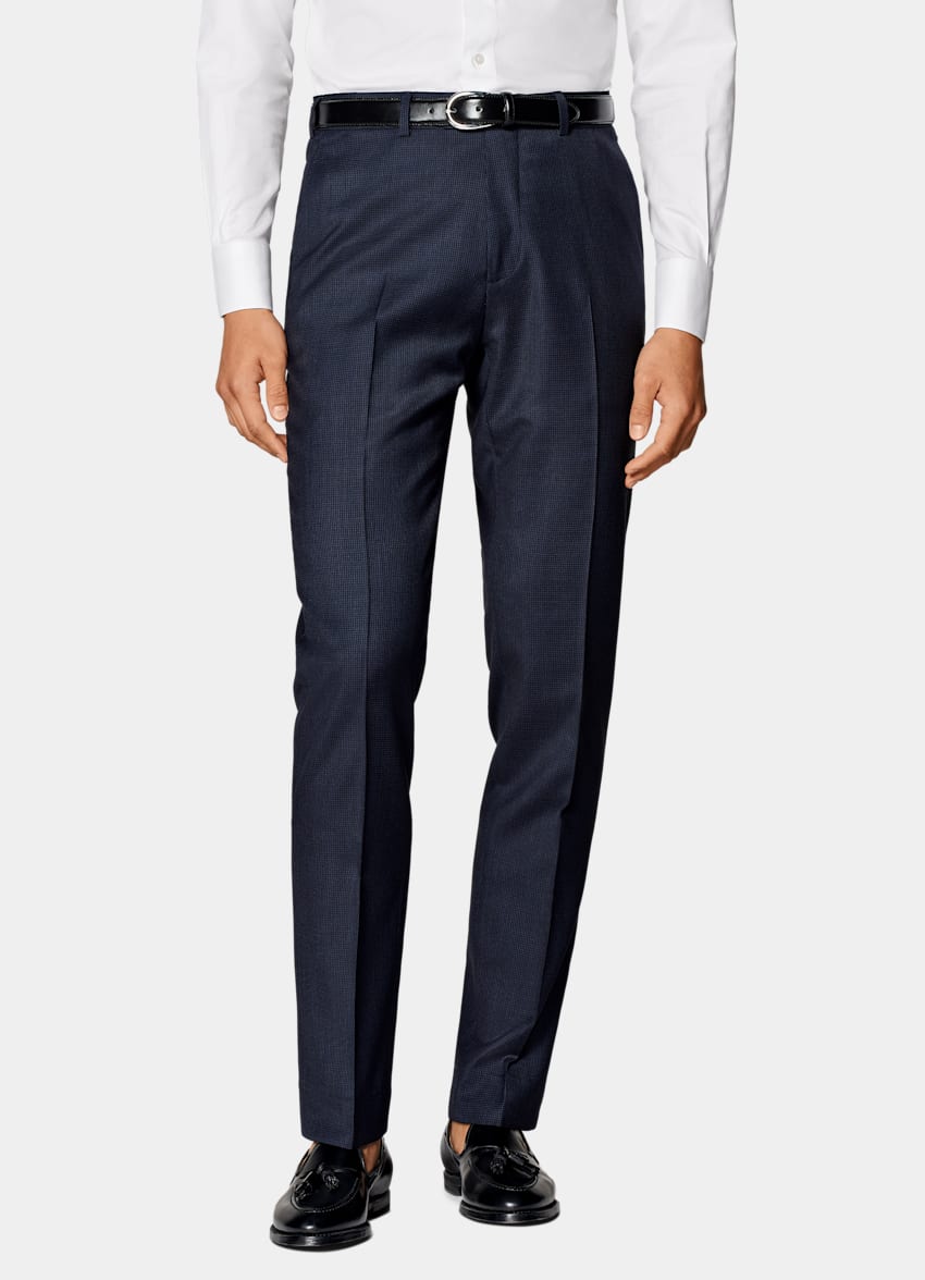 SUITSUPPLY All Season Ren S130's-ull från Drago, Italien Havana marinblå hundtandsmönstrad kostym med tailored fit