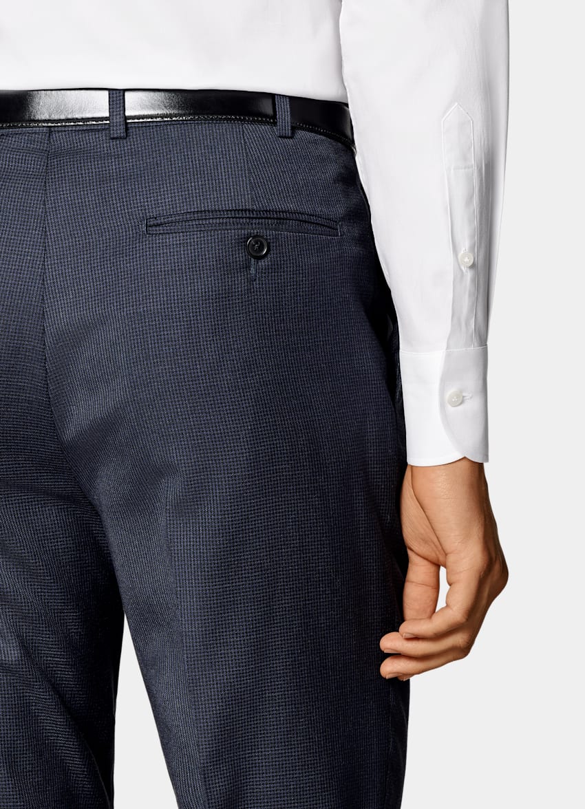 SUITSUPPLY All Season Ren S130's-ull från Drago, Italien Havana marinblå hundtandsmönstrad kostym med tailored fit