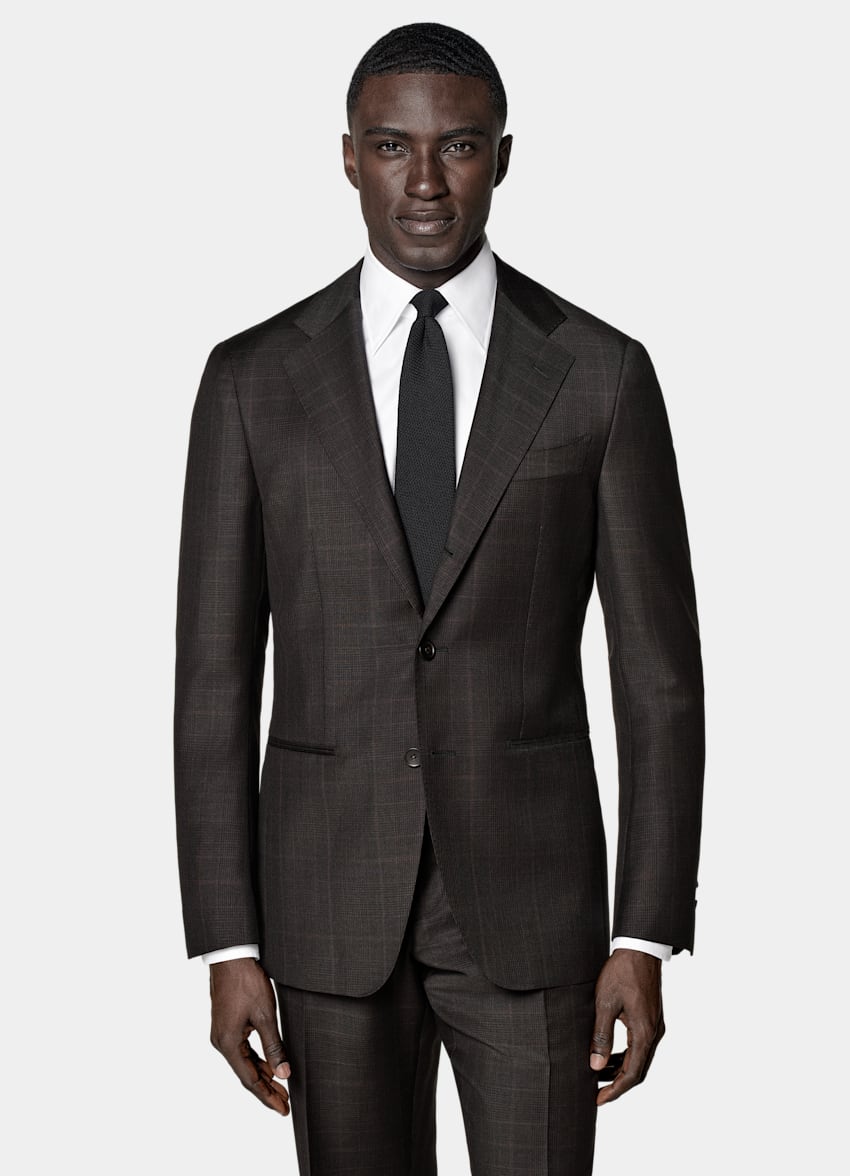 SUITSUPPLY All Season Wool Mohair by Delfino, Italy Dark Brown Checked Tailored Fit Havana Suit