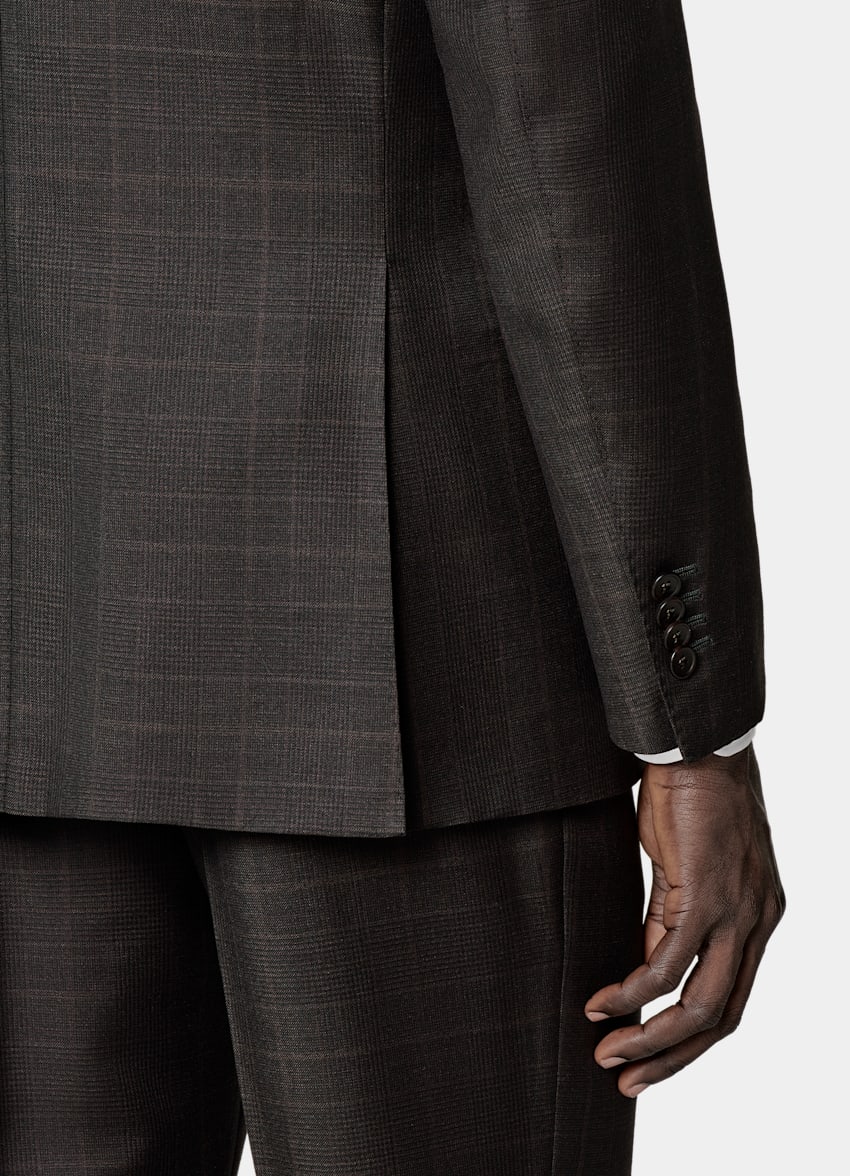 SUITSUPPLY All Season Wool Mohair by Delfino, Italy Dark Brown Checked Tailored Fit Havana Suit