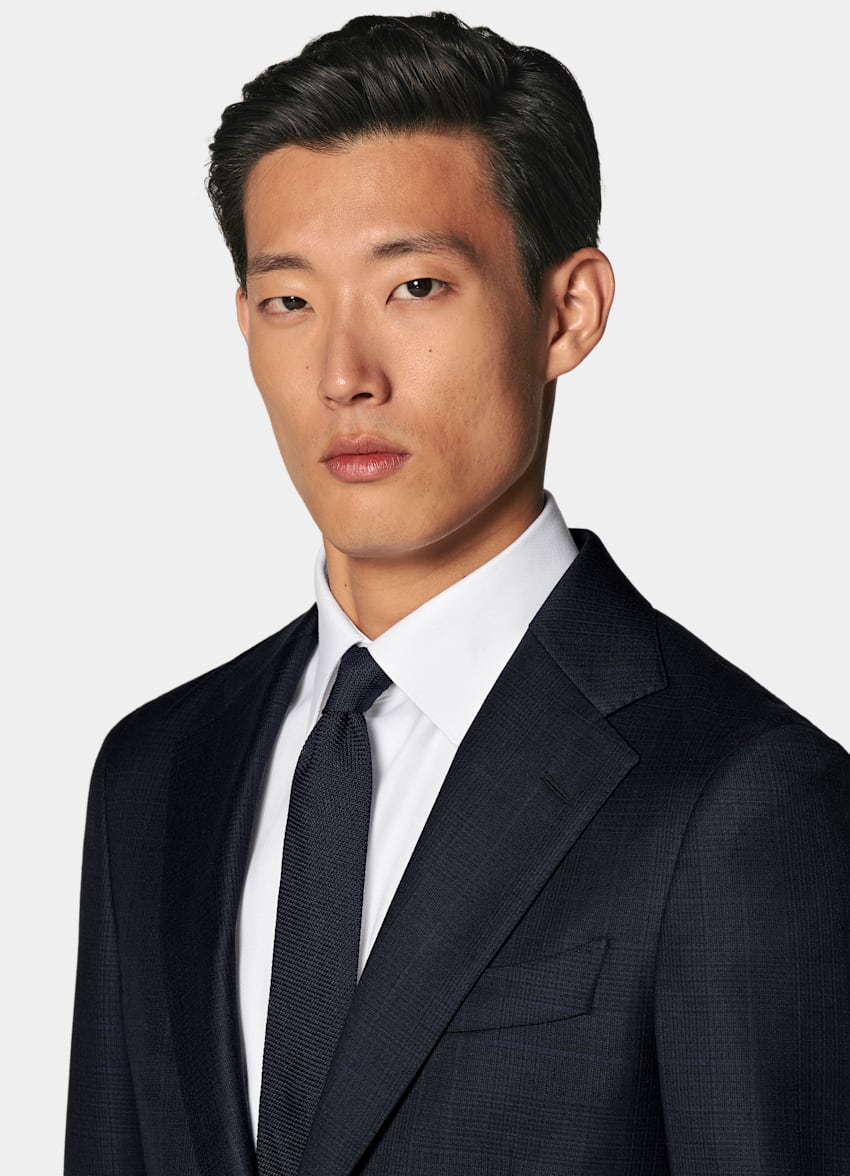 SUITSUPPLY All Season Pure Wool Traveller by Lanificio Ermenegildo Zegna, Italy Navy Checked Tailored Fit Havana Suit