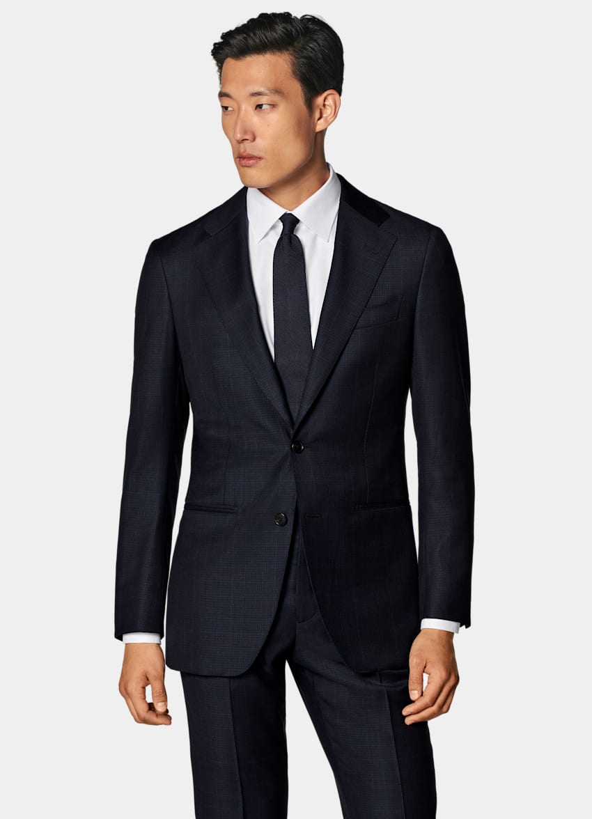 SUITSUPPLY All Season Pure Wool Traveller by Lanificio Ermenegildo Zegna, Italy Navy Checked Tailored Fit Havana Suit