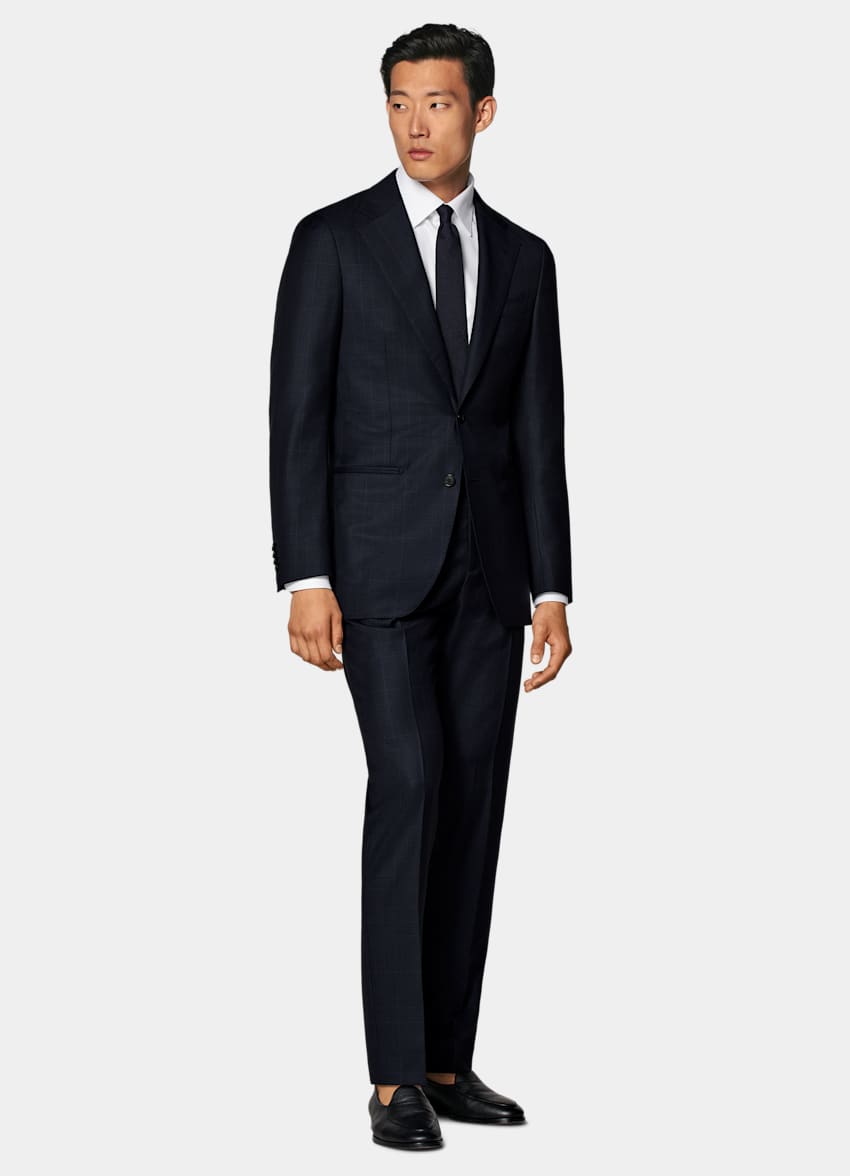 SUITSUPPLY All Season Pure Wool Traveller by Lanificio Ermenegildo Zegna, Italy Navy Checked Tailored Fit Havana Suit