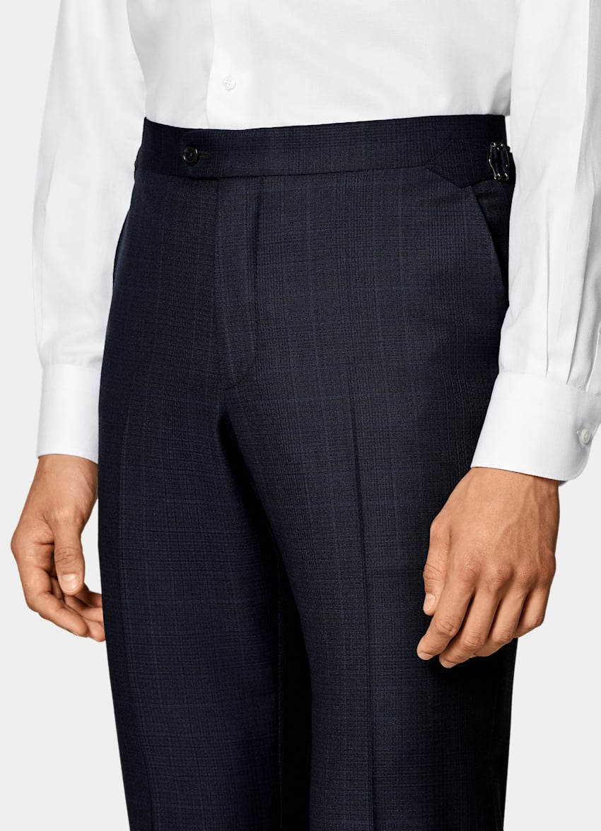 SUITSUPPLY All Season Pure Wool Traveller by Lanificio Ermenegildo Zegna, Italy Navy Checked Tailored Fit Havana Suit