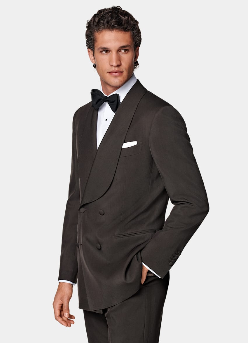 SUITSUPPLY All season Pure laine S120's par E.Thomas, Italie Smoking Milano coupe Tailored marron foncé