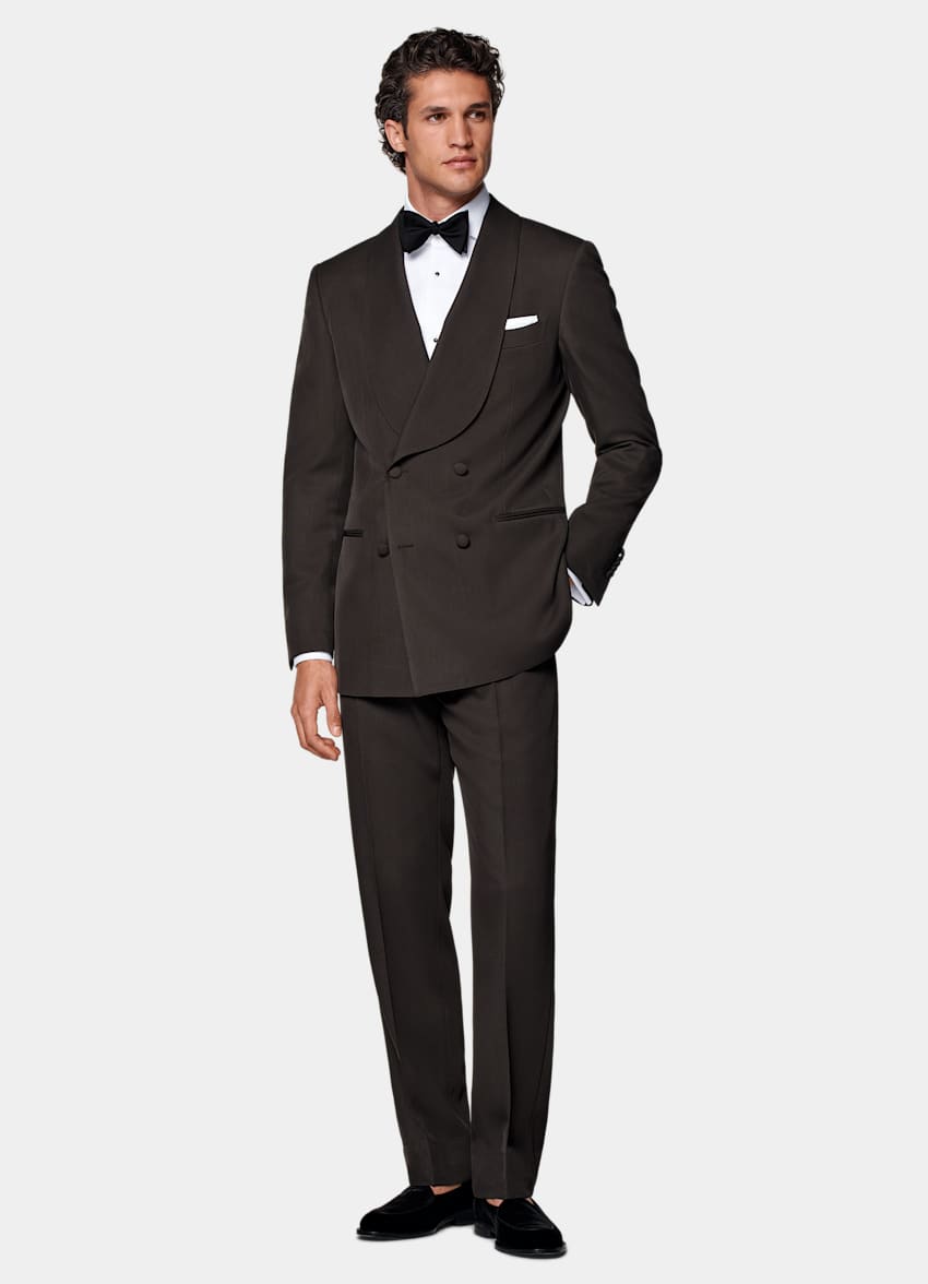 SUITSUPPLY All season Pure laine S120's par E.Thomas, Italie Smoking Milano coupe Tailored marron foncé