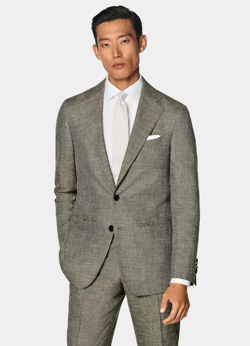 SUITSUPPLY Summer Wool Silk Linen by Rogna, Italy Light Green Tailored Fit Havana Suit