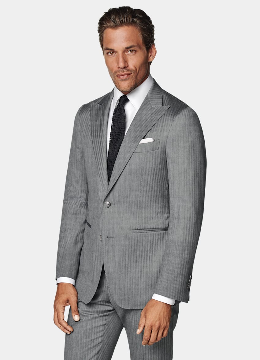 Mid Grey Herringbone Perennial Tailored Fit Havana Suit in
