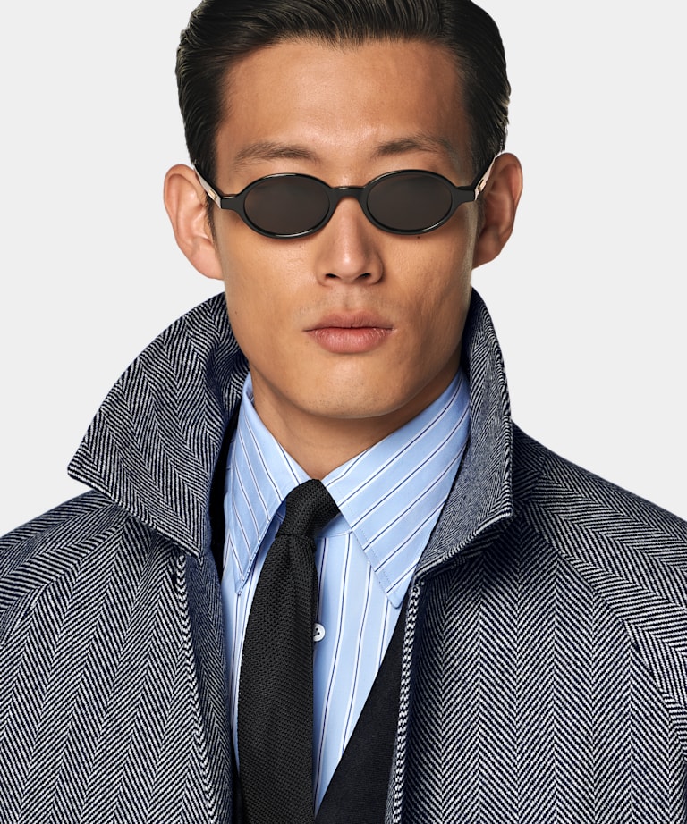 Navy Herringbone Relaxed Raglan Overcoat