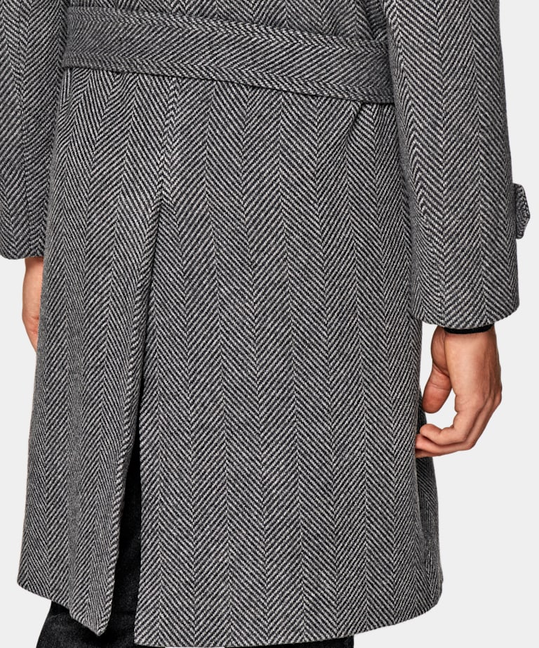 Dark Grey Herringbone Belted Overcoat