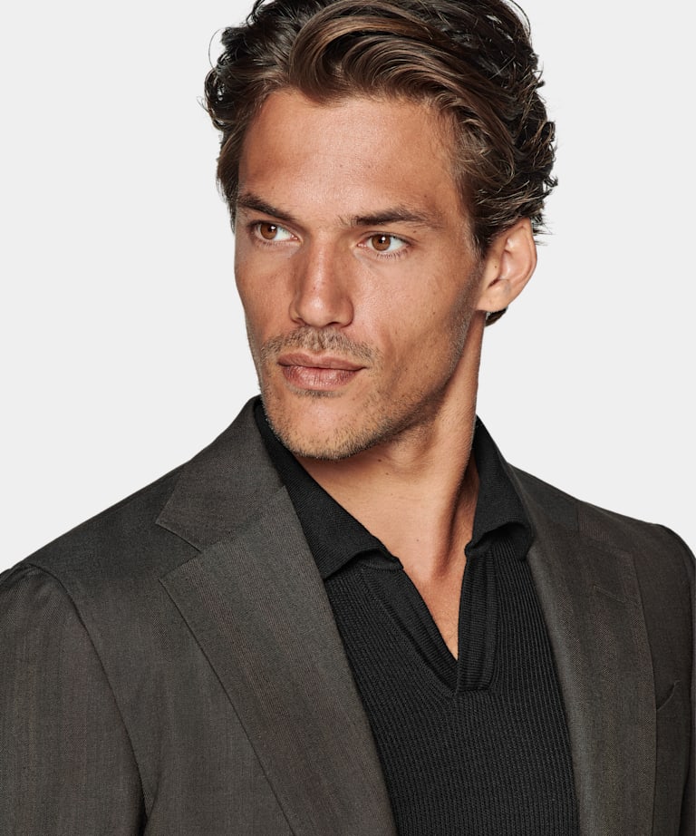 Dark Brown Herringbone Tailored Fit Havana Blazer